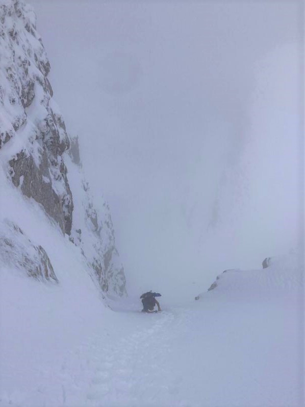 Climbing the Pertuis couloir on the north face of the Mont Grange in Abondance.  Splitboarding.