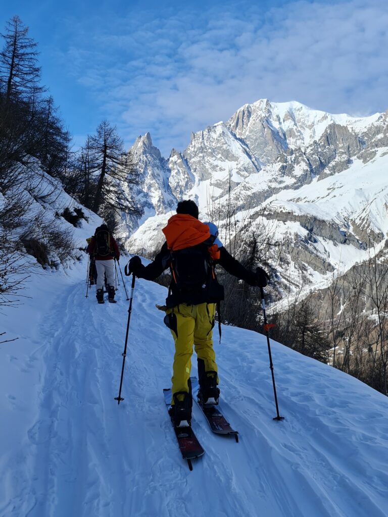 Splitboard Italy.  Skinning up to the refuge in the Aosta Valley with incredible mountain views. 